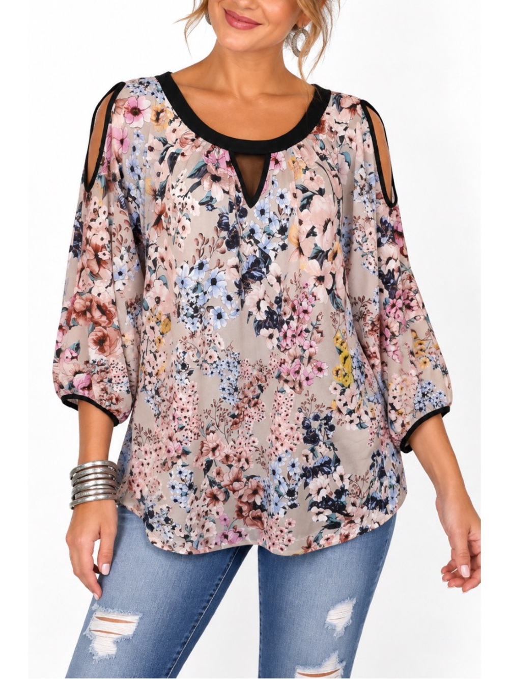 ECI Floral Cold Shoulder Blouse- Large